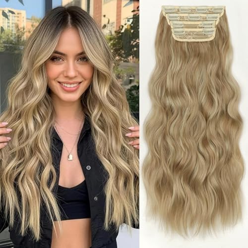 Image of KooKaStyle Wavy Thick Hair Extensions 24 inch Dark Ash Blonde Mixed Blonde | 4 Pieces Clip in Extensions,Fiber Double Weft Hairpieces,Natural Volume,Highlight Wave Long Synthetic Hairpieces for Women