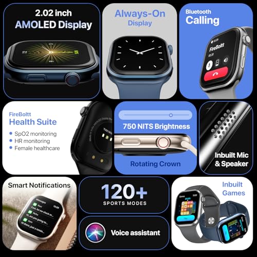Image of Fire-Boltt Brillia Smart Watch 2.02″ Super AMOLED Display with Bluetooth Calling, Voice Assistant, SpO2 & Heart Rate Monitor, 120+ Sports Modes, IP67 Waterproof Smartwatch for Men & Women - Champagne