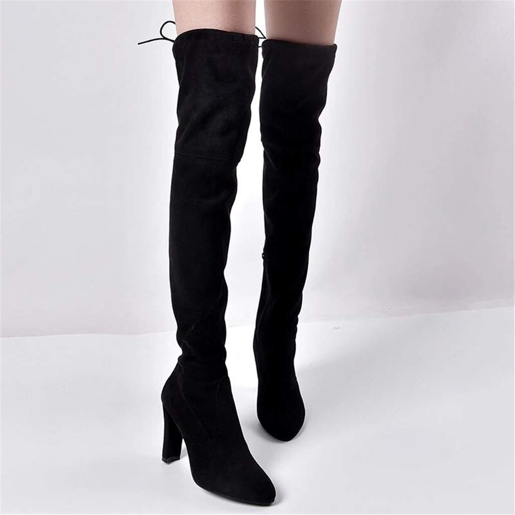 UMore Mujer Elegante Botas Altas Tacón Anchos Botas Muslo Cremallera Botas Altas hasta La Rodilla Talón Grueso Punta Redondeada para Mujer