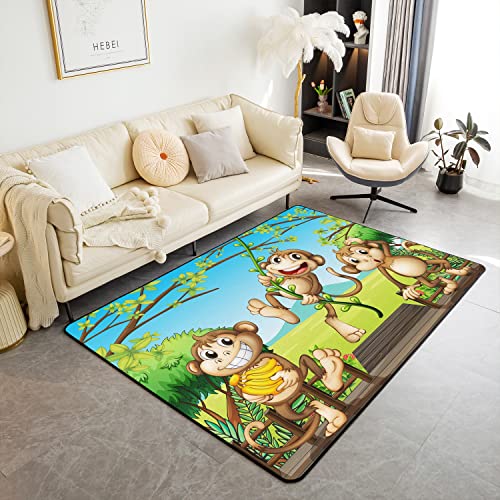 Homemissing Monkey Area Rug Cartoon Animal Pattern Rugs for Living Room Bedroom Cute Monkey Print Botanical Branches Green Brown Decorative Rug 100 * 150cm