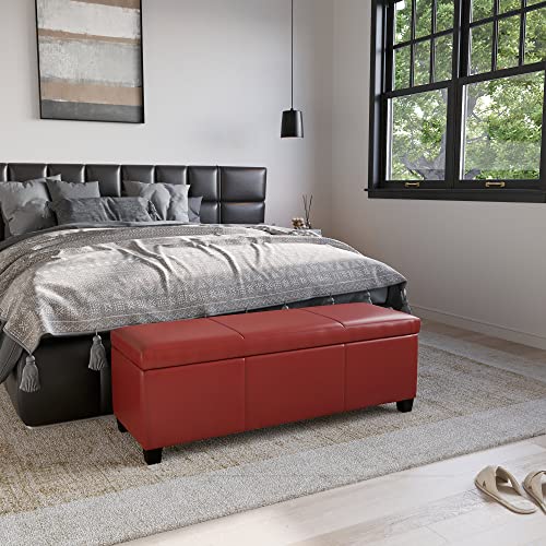 Image of BELLEZE Storage Faux Leather Ottoman, 47 Inch Bench Bedroom Bench with Safety Close Hinge, Extra Long Ottoman with Storage for Living Room, Entryway, Hallway, Foot Rest, Support 300lbs - Red