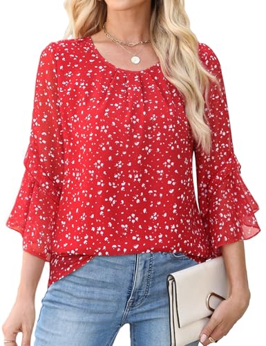 CiCiBird Women Chiffon Floral Blouse 3/4 Ruffle Sleeve Crew Neck Pleated Front Tops Dressy Casual Shirts
