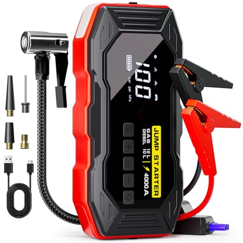 Jump Starter with Air Compressor, Portable Car Battery Jump Starter(12 Gas/10L Diesel), 4000A Peak 160PSI 12V Automobile Jump Box Pack Chargers with Jumper Cables, 4-Mode LED Lights, LCD Display