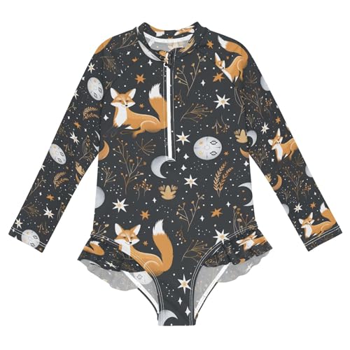 Fox on Night Girls Long Sleeve Swimsuits One Piece Zipper Bathing Suit UPF 50+ Rashguard Swimwear