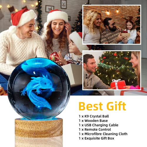 Image of 3D Axolotl Crystal Ball Night Light with 16 Color LED Wooden Base, Upgraded 3.15 Inch Axolotl Glass Ball Lamp with Remote Control Cool Desk Decor Gifts for Kids Girls Boys Friends Fans