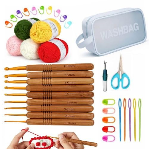 Image of Crochet Kit with Soft Grip Handles - Full Crochet Hook Set for Beginners & Yarn Lovers - Ergonomic Crochet Tools for DIY Craft & Gifting (Wooden Hooks Set)