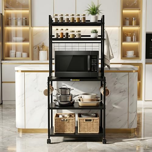 Image of Heavy Duty Metal Microwave Oven Stand with Storage Shelves & Hooks | Multi-Tier Kitchen Rack with Wheels | Organizer for Oven & Appliances (MS 5 Black)