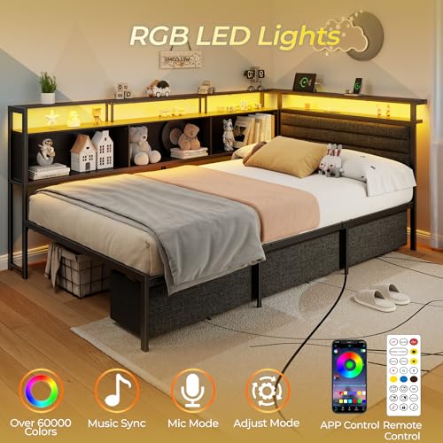 Image of OURPIC Corner Bed Frame with Storage Bookcase and LED Lights, Twin Size Bed Frames with Upholstered Headboard and Charging Station, Twin Daybed with 3 Storage Drawers, Black