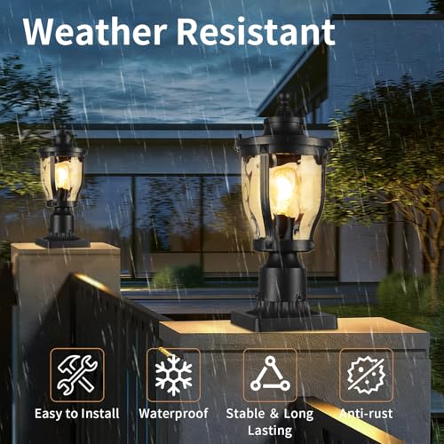 Image of Outdoor Post Lights Lamp Post Light Fixture, 14'' Pole Lantern with E26 Base 60W Max & Waterproof Aluminum Housing Plus Hammered Water Ripple Glass, Fence Post Deck Lighting for Garden, Patio, Pathway