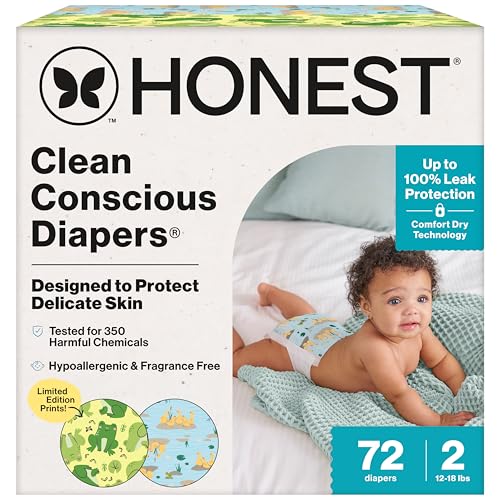 Image of The Honest Company Clean Conscious Diapers®, Up to 100% Leak Protection, Designed to Protect Delicate Skin, Hypoallergenic + Fragrance-Free, UR Ribbiting + Waddle It Be, Club Box, Size 2, 72 Count