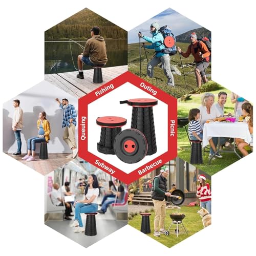 Image of ABTER Portable Folding Stool for Camping, Hiking, Fishing & Travel - Adjustable Telescopic Retractable Seat with Carry Strap, Round Compact Foldable Chair for Adults & Kids Outdoor Indoor Use