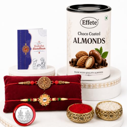 Image of DeoDap Rakhi with Chocolate for Brother - Mix Design Round Shape Rakhi 2 Pcs with Almond Chocolate 96 Gm, Tilak Set, Silver Color Coin, Greeting Card - Raksha Bandhan Combo for Bhai (K2+160+290 CA)