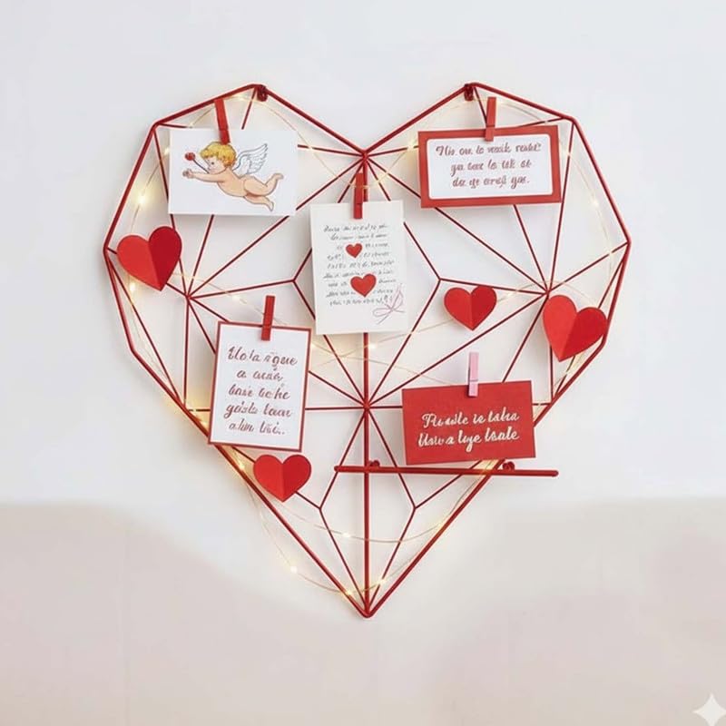Bianco Valentine’s Day Gift for Girlfriend | Heart Shape Metal Wall Photo Grid with Shelf Red | Valentine Day Decoration for Home, Bedroom & Living Room | Romantic Couple Gift Décor for Memories