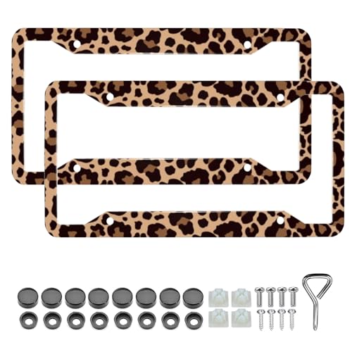 Leopard Print License Plate Frame - 2 Pack Animal Brown Leopard Cheetah Print Tags Frames Holder Covers Car Decorative Tag Frames for Standard US Canada License Plate Holder 4 Holes 12x6 Inch