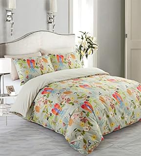 Wajade Flowers Birds Duvet Cover Set with Pillowcase Chinese Style Green Plants Duvet Quilt Cover Glossy Look of Silk Bedding Set for AdultsDouble Size