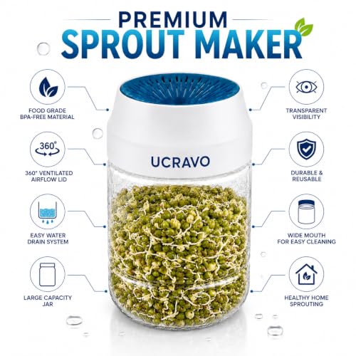 Image of UCRAVO Sprouting Jar for Sprouts Growing Kit with Drain Lid & Stand, Seed Sprouter Container for Mung Beans Alfalfa Lentils Chickpeas, BPA Free Sprout Maker,Germination Jar for Healthy Home Gardening
