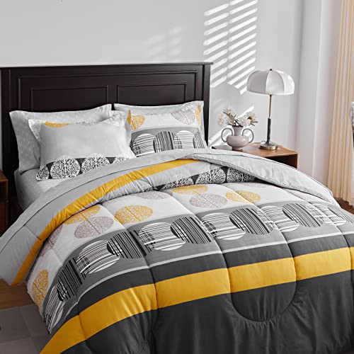 Stripes Bed In A Bag Queen Size 7 Pieces Black Gray Yellow Comforter Sheet Set With Circles All Season Bed Comforter Set (1 Comforter 2 Pillow Shams 1 Flat Sheet 1 Fitted Sheet 2 Pillowcases) #TOP2
