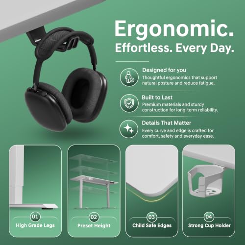 Image of V ONE Electric Standing Desk | Compact 1-Piece Top | 70Kg Weight Capacity | 3 Memory Preset | 5 Year Warranty | Built-in Cup & Headphone Holder | Home Office (White, 100 * 60 CM)