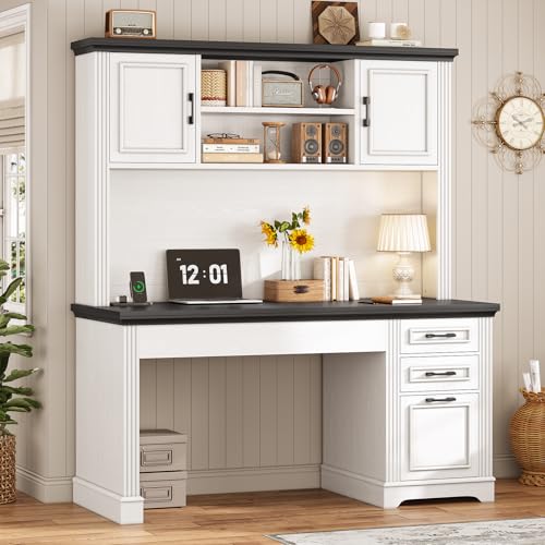 Image of SEDETA Farmhouse Computer Desk with Hutch and 3 Drawers, 47.2 inch Executive Office Desk with Storage Drawers, Wood Desk with Power Outlet for Home Office, White