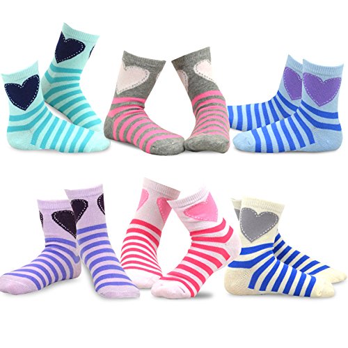 TeeHee Little Girls Stripes Fashion Cotton Short Crew 6 Pair Pack (6-8 Years, Stripes and Heart)