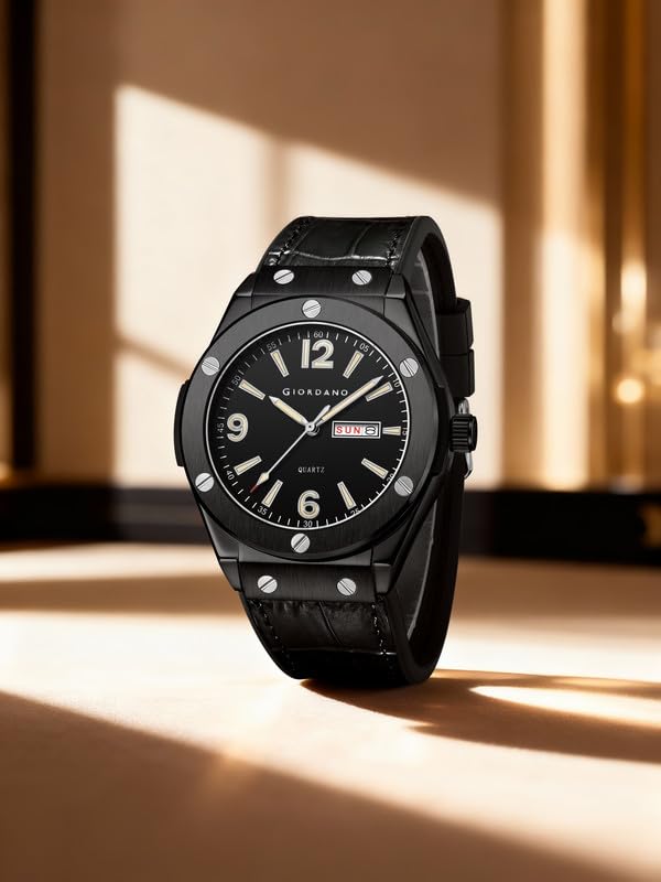 Image of Giordano Analog Watch for Men with Leather Band, Day-Date Function and Quartz Movement