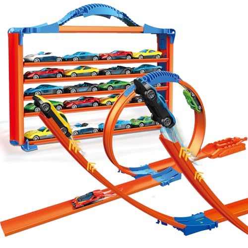 STSGPUZ Racing Car Loop Track City Transforming Toy Set with 20 Mini Metal Cars Ramp Gifts for Kids Toddlers Boys 3-5 Year Old,Indoor Game Toy