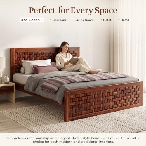 Image of WOODLAB Furniture Sheesham Wood King Size Bed Without Storage and with Niwar Style Headboard | Wooden Double Size Cot Palang for Bedroom Living Room Hotel and Home (Honey Finish)