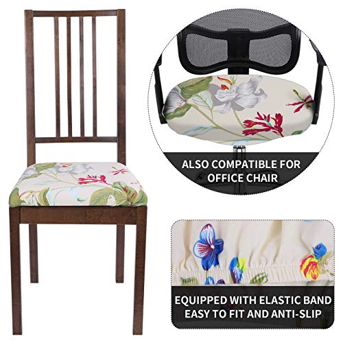 Image of SearchI Seat Covers for Dining Room Chairs Stretch Printed Chair Seat Covers Set of 4, Removable Washable Upholstered Chair Seat Protector Cushion Slipcovers for Kitchen, Office(Beige+Flowers)