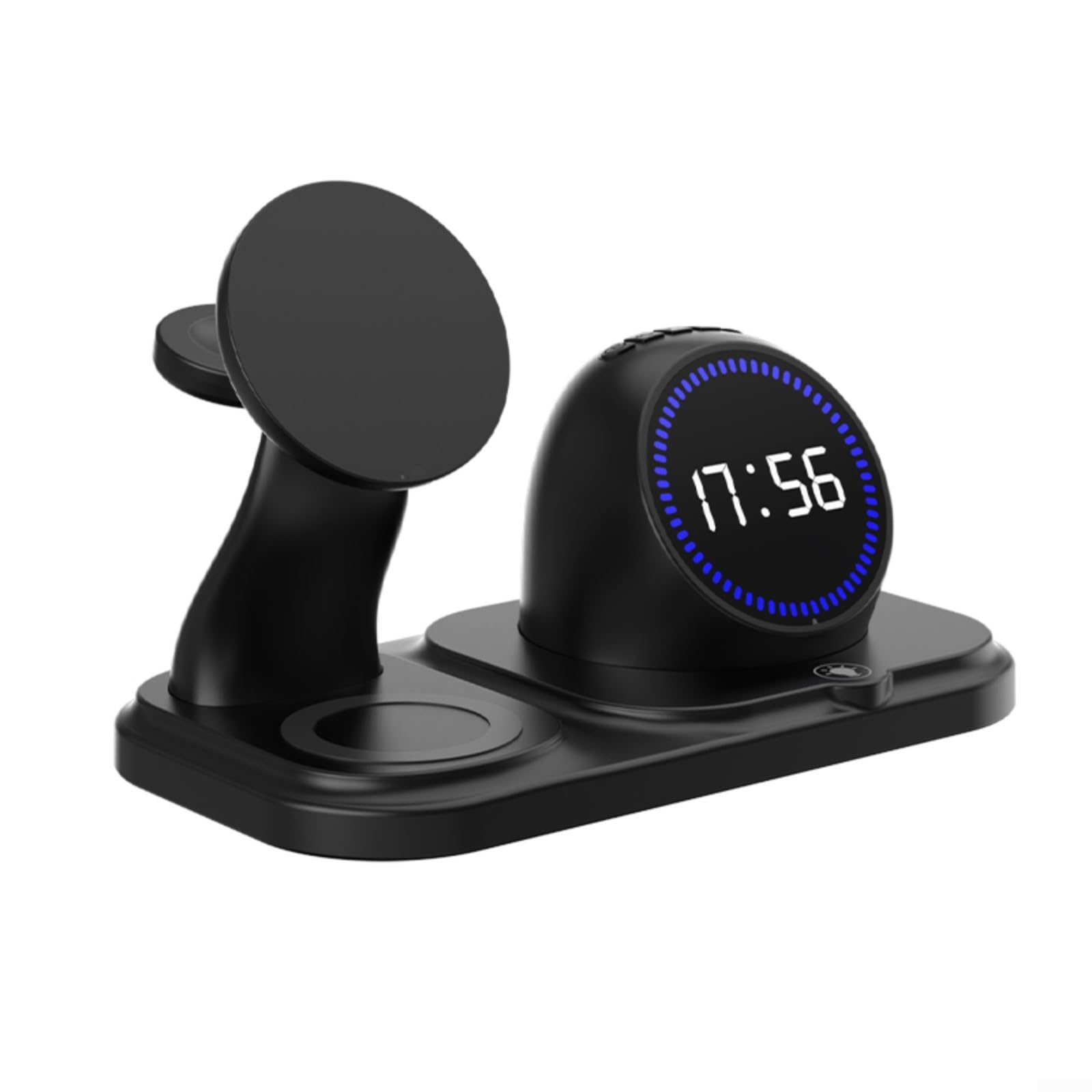 Stazione di ricarica wireless con sveglia, altoparlante magnetico con luce RGB, compatibile con iPhone/orologio/Airpods, organizer da comodino, nero (nero)