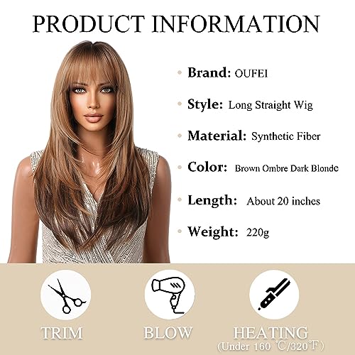 OUFEI Brown Ombre Dark Blonde Wig with Bangs Long Straight wigs for Women Short Layered Wigs Synthetic Hair Heat Resistant Wigs for Daily Party Cosplay Wear - Image 2