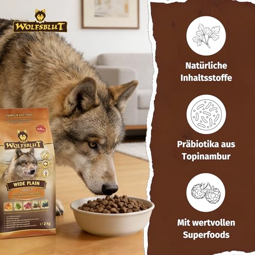 WOLFSBLUT – Wide Plain Adult | Trockenfutter mit natürlichen Zutaten und wertvollen Superfoods für ausgewachsene Hunde. Getreidefreies Alleinfutter ohne Zusatzstoffe im Beutel | 2kg Pferd