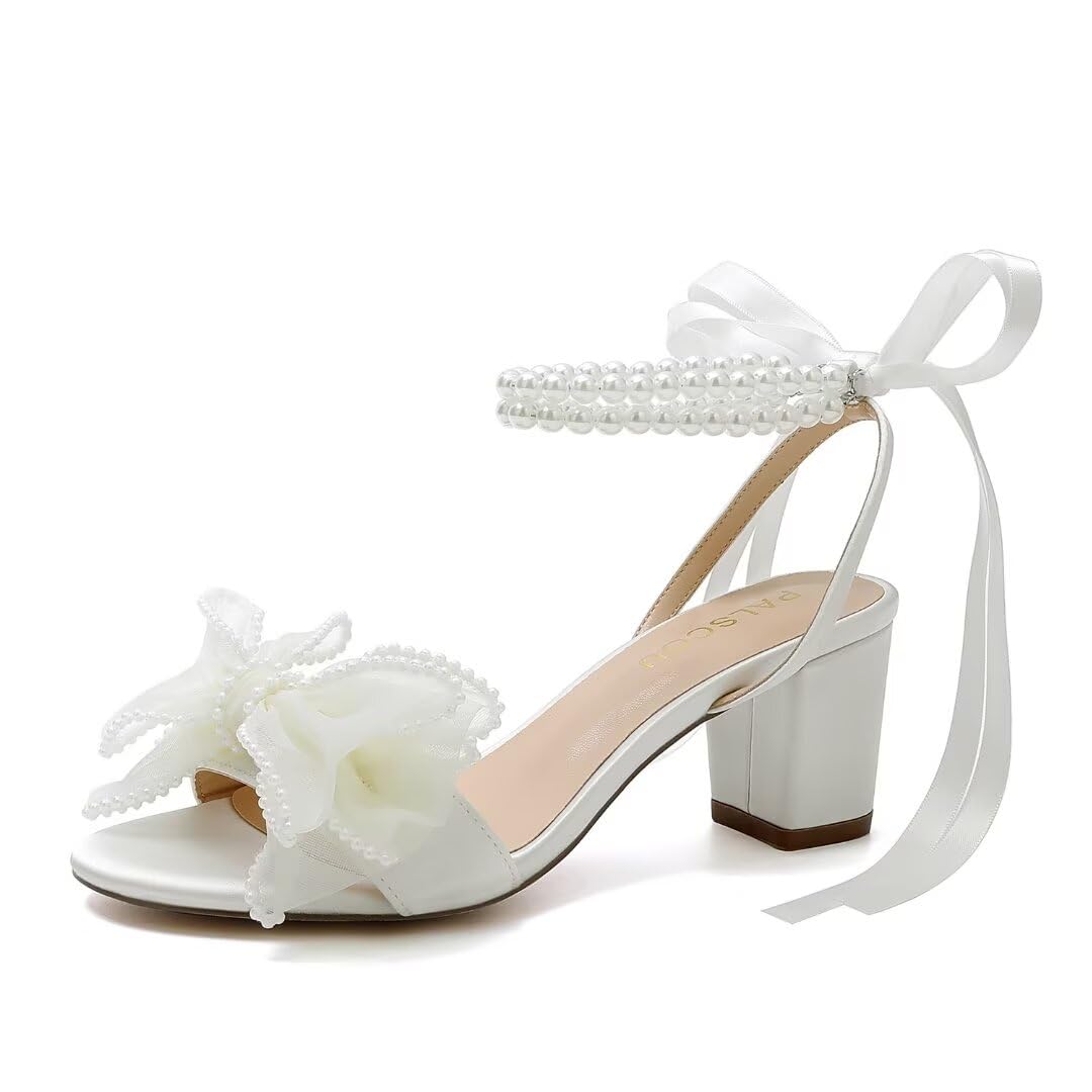 Bow Knot Heeled Sandals Wedding Shoes for Bride Block Heel Wedding Sandals Pearl Heels Bridal Shoes