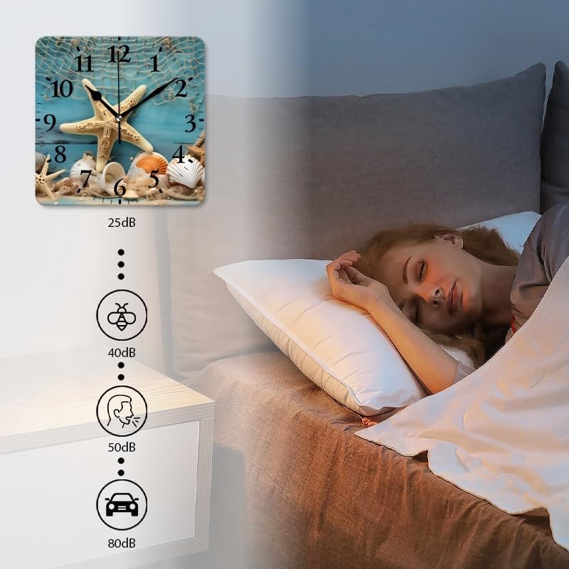 Quartz Wall Clocks Non-Ticking Silent Battery Operated Modern Wall Clocks Decorative for Home,Bedroom-Starfish, and Fishing Nets On Blue Wooden Background(16inch)