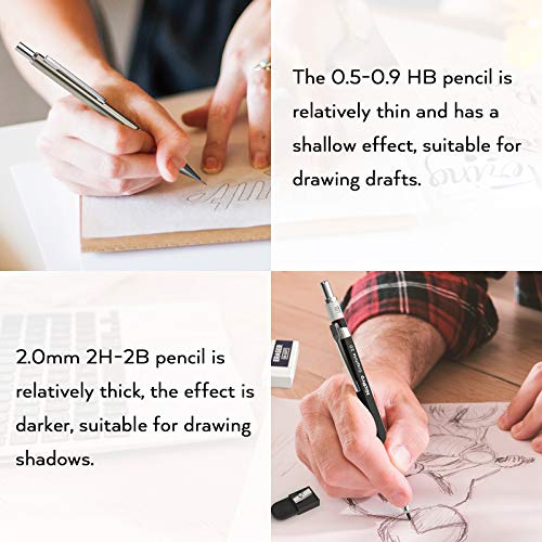 Nicpro 29Pcs Art Mechanical Pencils Set In Leather Case, Metal Drafting Pencil 0.5, 0.7, 0.9 Mm, 2Mm Lead Pencil Holders For Sketching Drawing With 15 Tube (4B 2B Hb 2H 4H)Lead Refills (Black &Colors) #TOP4