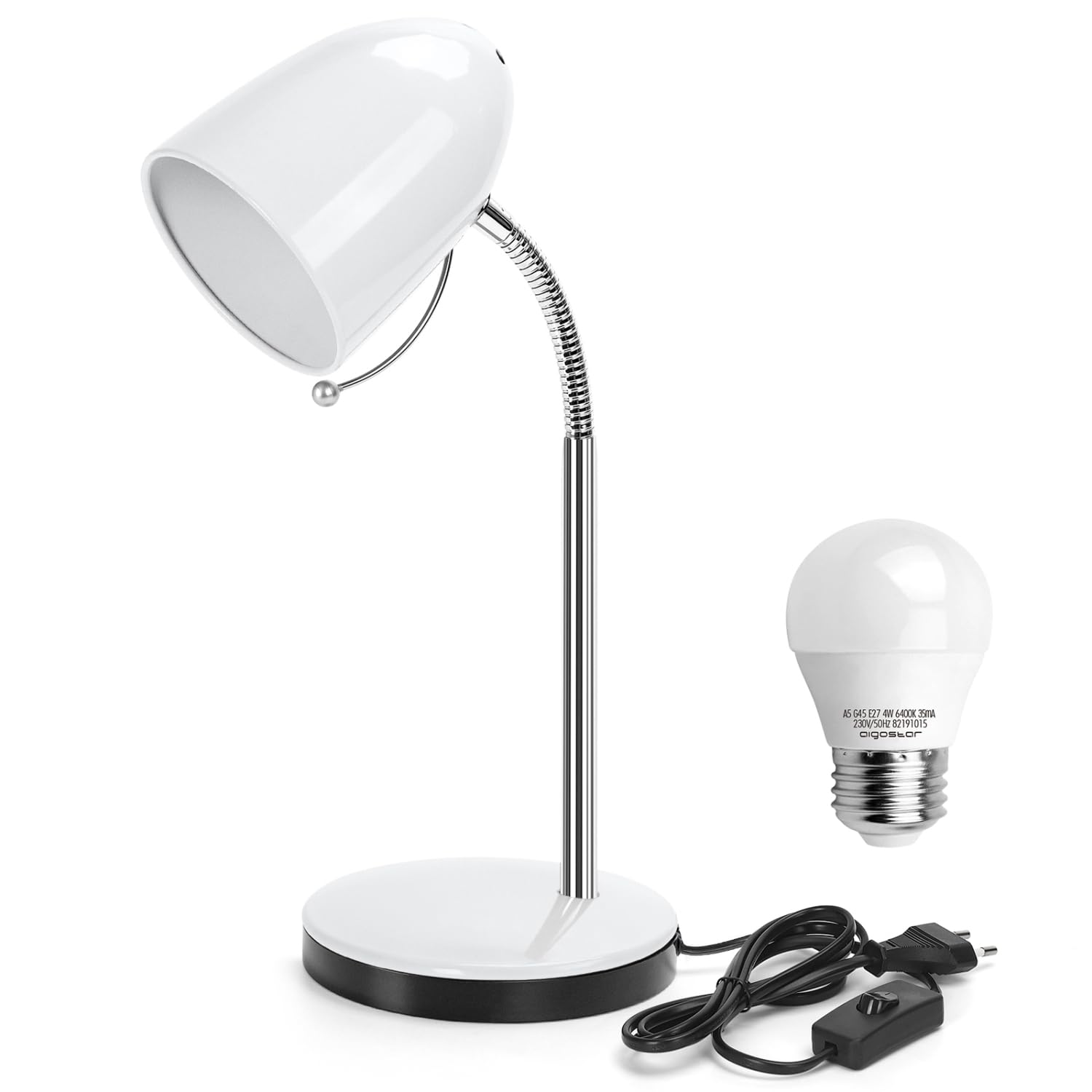 Aigostar Lámpara de Escritorio Retro de metal, Flexo LED Escritorio con Cable de 150cm, Lámpara de mesa con E27 Bombilla LED, Cuello de luz flexible, 6500K Luz Blanca, Máx 240V, Ra≥80, Blanco
