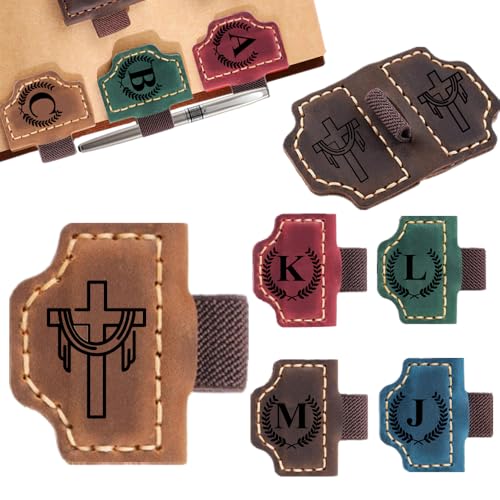Image of Custom Bookmark with Pen Holder with 26 Letters Personalized Magnetic Leather Book Mark, Customized Name Book Marker Clip with Initial for Men Women, Gifts for Book Lovers, Readers, (Brown, Cross-2)