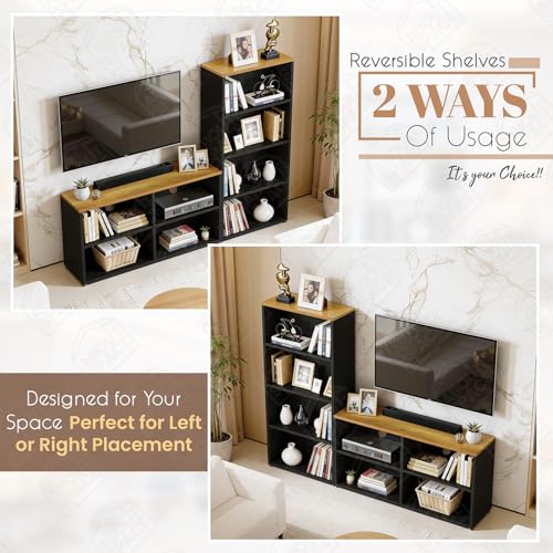 Image of ABOUT SPACE TV Unit - Engineered Wooden TV Stand 32 inch to 50 inch Table Cabinet with Bottom Storage, Side Rack, Cable Hole for WiFi Router Stand Console Table for Living Room, Bedroom (Black & CM Oak)