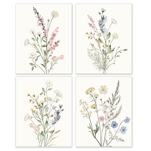 BESERH Boho Wildflower Wall Decor, Floral Nursery Wall Art Prints, Elegant Cottagecore Flower Botanical Posters for Bedroom Living Room Home Kids Girls Room, 8x10 Inches Set of 4 Unframed