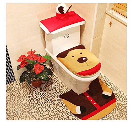 KIRALOVE Weihnachtstoilettenwasserabdeckung - Weihnachten - badezimmerlos - Teppich - toilettenabdeckung - 3 stücke - beige - braun - rote Farbe - weihnachtsbadezimmerdekoration