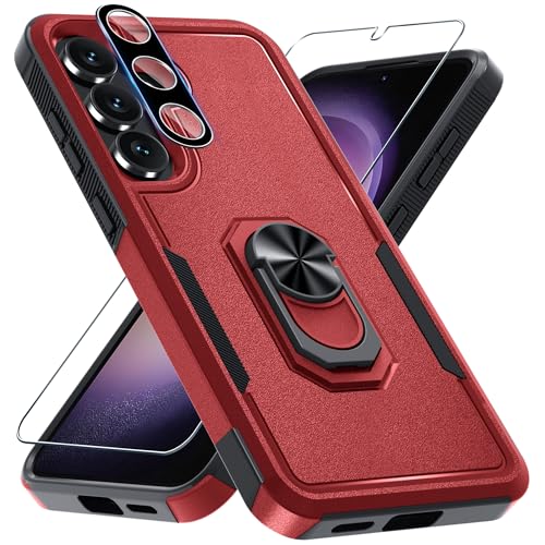 Janmitta for Samsung Galaxy S25 FE Case with Screen Protector+Camera Lens Protector,Heavy Duty Shockproof Full Body Protective Cover Built in Rotatable Metal Ring Holder Kickstand,2025 Red