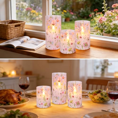 Image of Pink Flameless Candles with Remote Timer, Glass Battery Operated Candles, Pink Flower Decals LED Candles for Home Party Wedding Mother's Day Thanksgiving Decor Set of 3