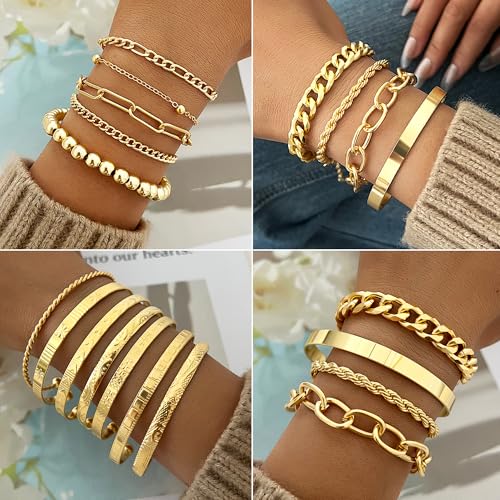 Image of FAXHION 68 Pcs Gold Jewelry Set for Women with 7 Necklace, 17 Bracelet, 5 Hoop Earrings, 15 Stud Earrings, 24 Knuckle Rings for Women Jewelry Set for Women Gift
