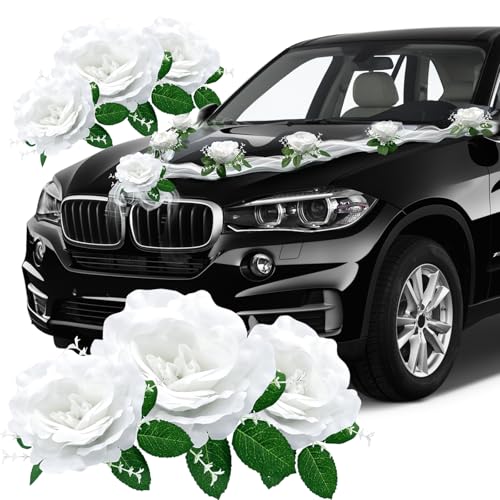 AURIVEE Kit de Décoration de Voiture de Mariage, 9 Roses Magnétiques Blanche avec Ventouses pour Capot, Rubans Cœur & Accessoires de Décoration Noces...
