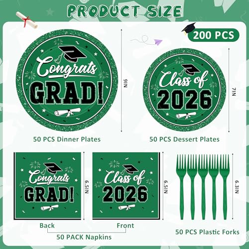 Image of QZYL 200Pcs Graduation Party Supplies, Green Graduation Plates and Napkins, Disposable Grad Dessert Plates and Plastic Forks, Grad Party Decorations for 50 Guests