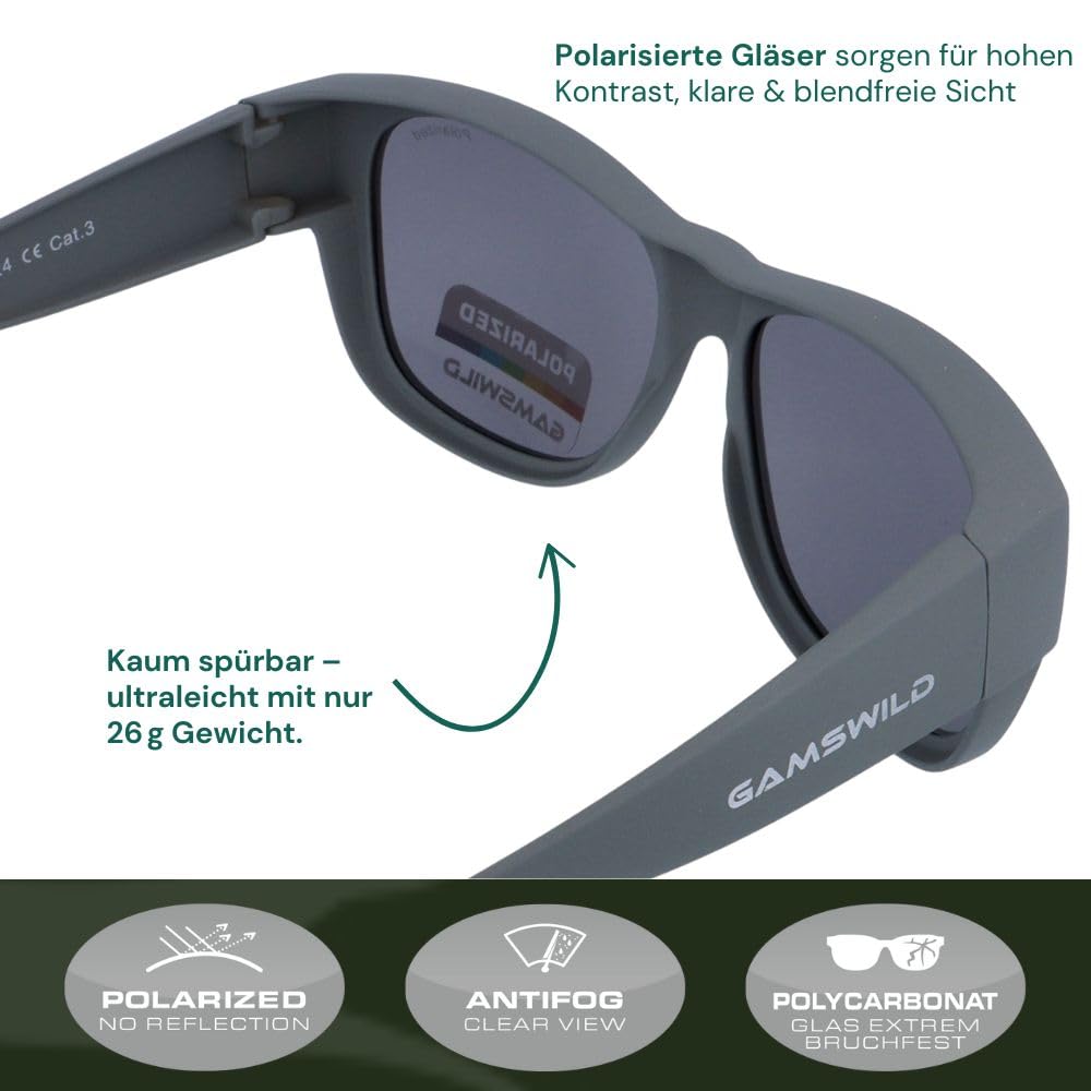 Gamswild WS6024 Überbrille - Sonnenbrille - Sportbrille - polarisierte bruchsichere Polycarbonatgläser mit 100% UV400 Schutz – 26g, Farbe: Grau