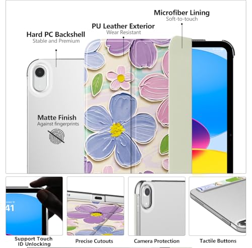 Image of MoKo for iPad (A16) 11th Generation Case 11 Inch 2025,iPad 10th Generation Case 10.9 Inch 2022,Slim Stand Hard PC Translucent Back Shell Smart Cover,Support Touch ID,Auto Wake /Sleep, Painting Flower