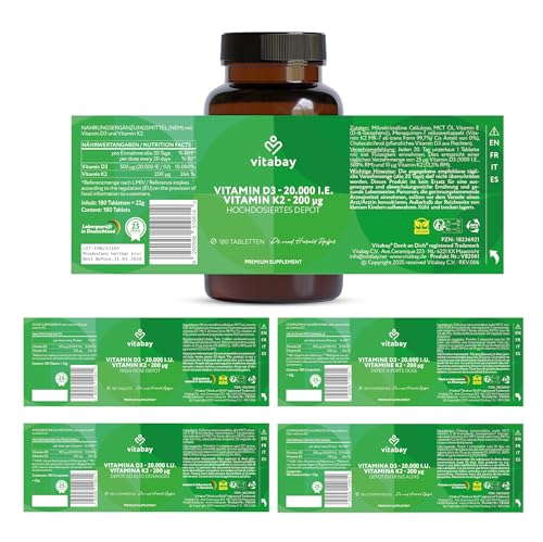 Vitabay Vitamin D3 + K2 Depot – 180 vegane Tabletten – hochdosiert – 20.000 IE Premium Vitamin D3 mit K2-MK7 All-Trans – ohne Zusätze – vegan & laborgeprüft in Deutschland – Vorrat für lange Zeit