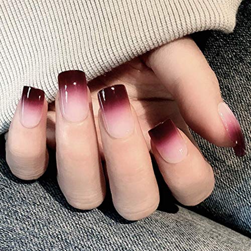 MISUD 24Pcs Glossy False Nails Square Medium Cherry Red Gradient Full Cover Acrylic Nails Press-on Fashion Nail for Elegant Women and Girls