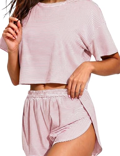 Image of Split Short Pajama Set Women's Striped Pjs with Sleeve Tee & Elastic Waist | Split-Leg Shorts Design, Soft Striped 2-Piece Lounge Set, Breathable Comfy, Travel, or Cozy Days At Home, Summer Vibes