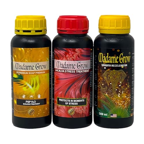 Madame Grow – Kit Iris – Fertilizantes Naturales – Promueve el Crecimiento y Protege tu Planta – Growht Accelerator, Lacalva Stress y Jabón Potásico – 3 x 500 ml c/u